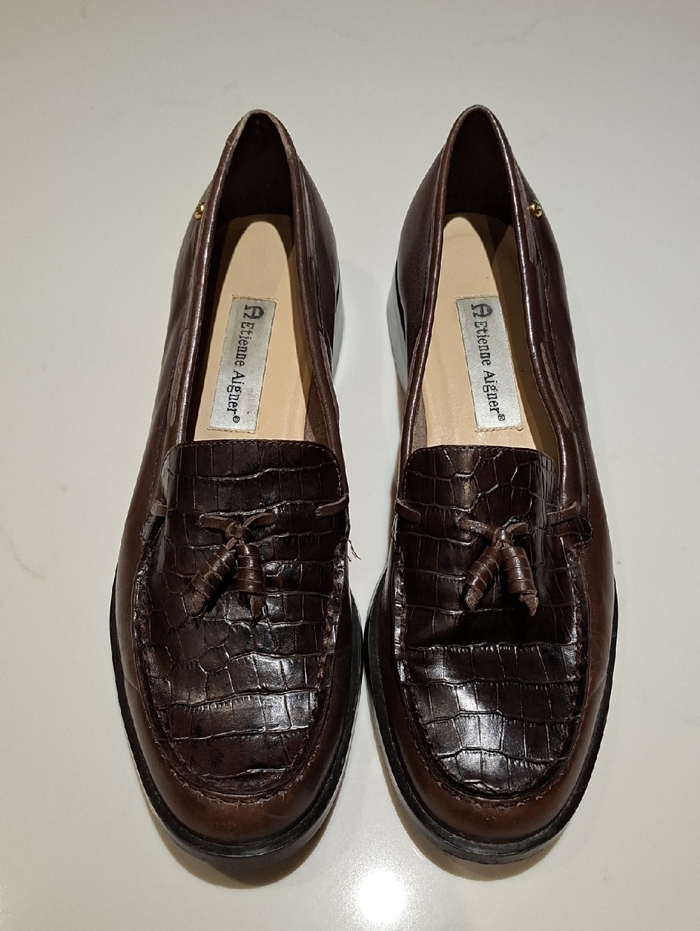 Etienne Aigner Classic Chocolate Brown Leather Croc Tassel Loafers (Size US 10)